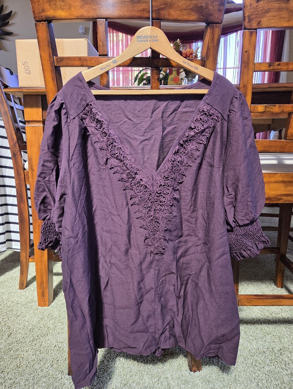 Women’s 4XL Purple V-Neck Boho Top with Lace Trim